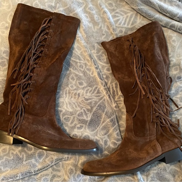 New without box-Coach Arianna Mid-Calf Brown Fringed Suede Boots Sz 8 Made Italy - Picture 1 of 8